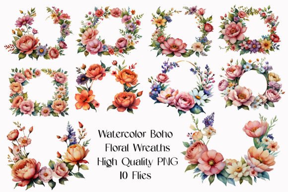 Elevate Your Designs with High-Resolution Watercolor Boho Floral Wreath Clipart