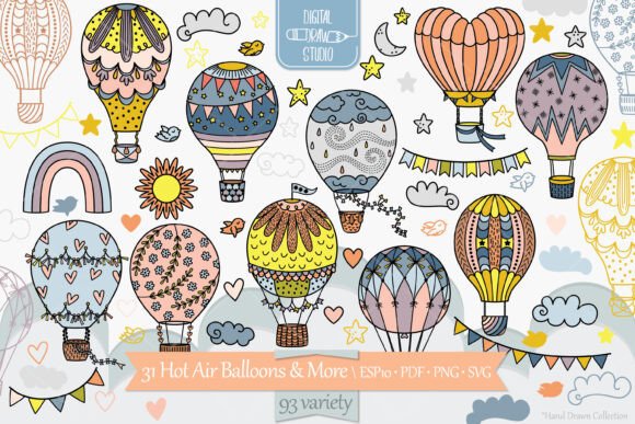 Elevate Your Designs with Hot Air Balloons Colored, Cloud, and Rainbow Graphics