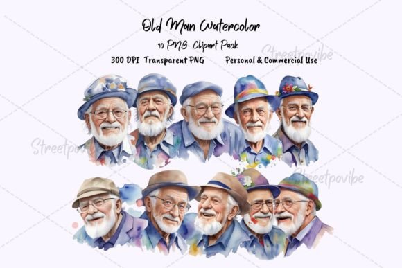 Grandfather Watercolor Clipart PNG Pack