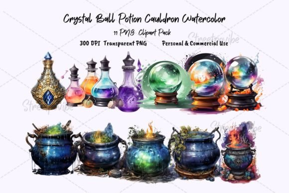 Mystical Cauldron Crystal Potion Watercolor PNG