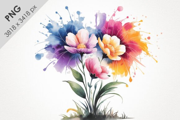 Vibrant Watercolor Floral Clipart with Paint Splashes